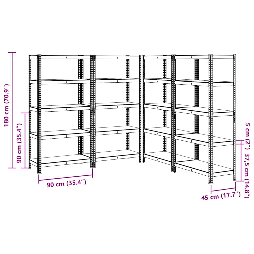 Heavy-duty shelves with 5 shelves, 4 pieces, silver steel, wood-based material