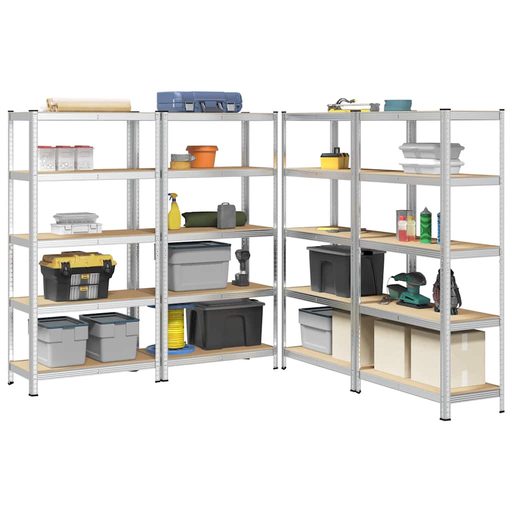 Heavy-duty shelves with 5 shelves, 4 pieces, silver steel, wood-based material