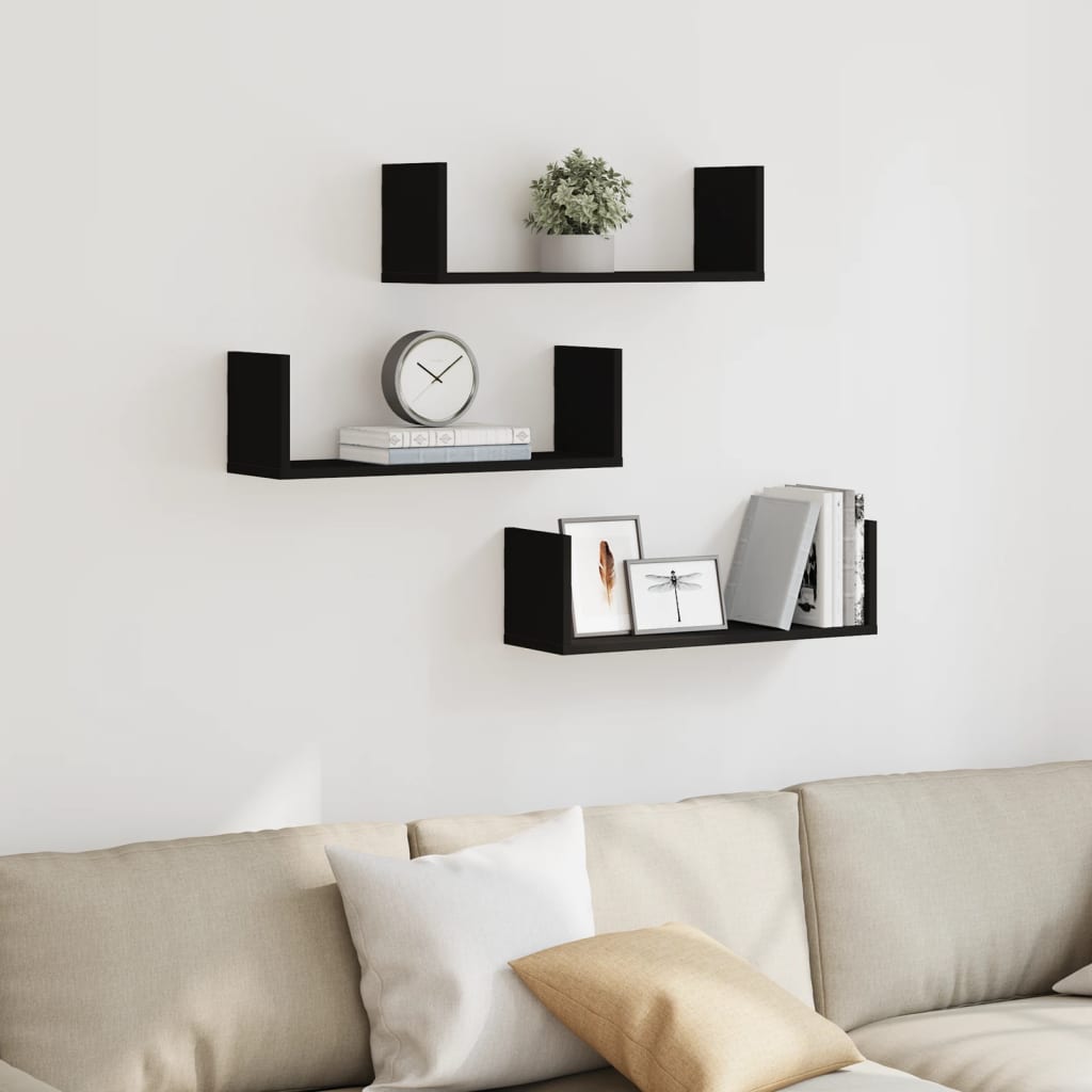 Wall shelves 3 pcs. Black 58x18x18 cm wood material