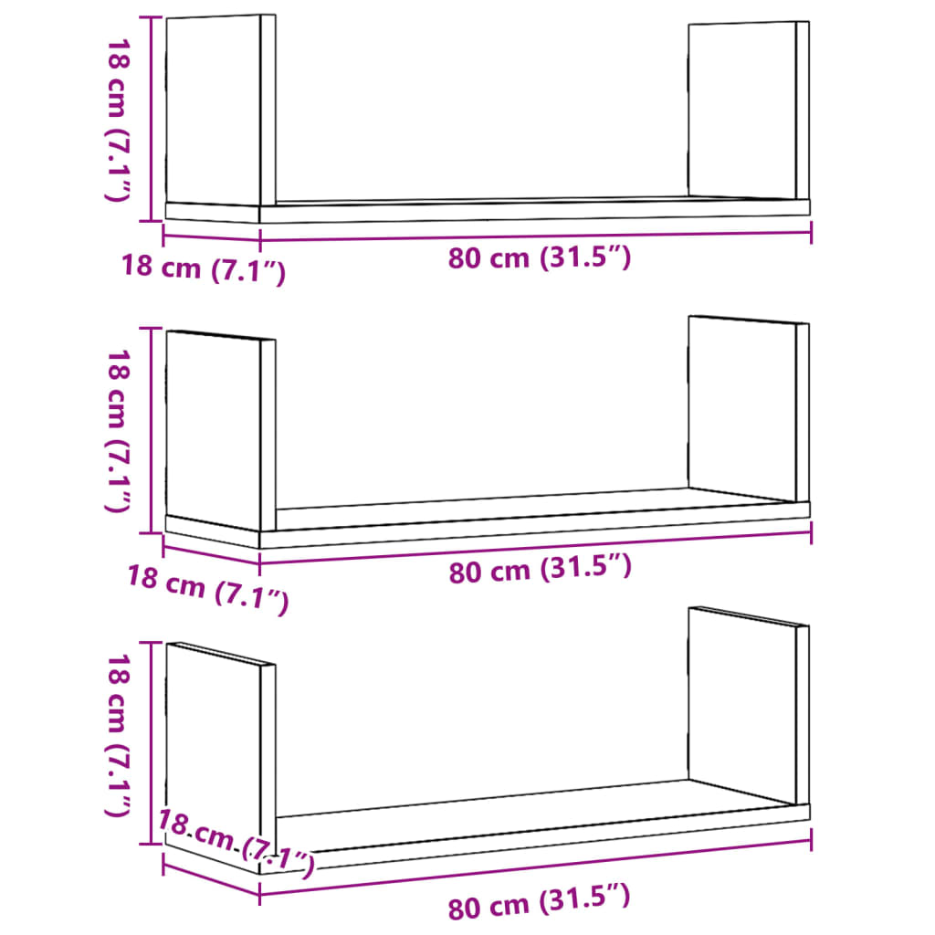 Wall shelves 3 pcs. White 80x18x18 cm wood material