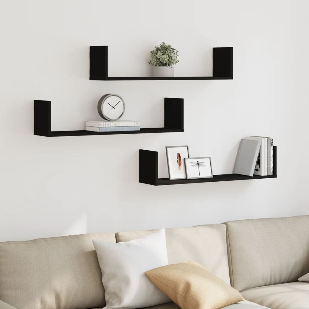 Wall shelves 3 pcs. Black 80x18x18 cm wood material