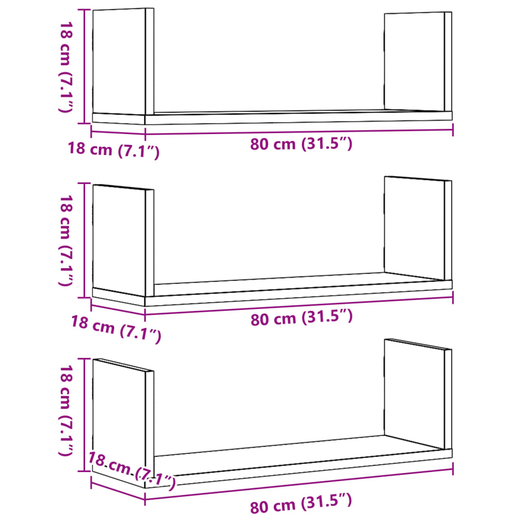 Wall shelves 3 pcs. Sonoma oak 80x18x18 cm wood material