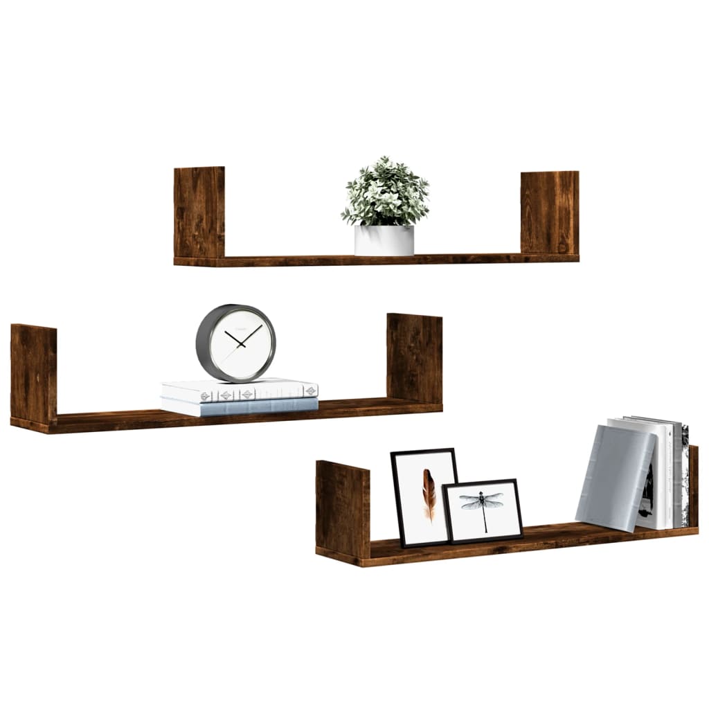 Wall shelves 3 pcs. Smoked oak 80x18x18 cm wood material