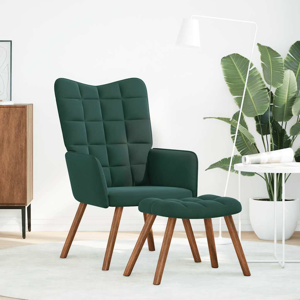 Fauteuil relax avec tabouret en velours vert foncé