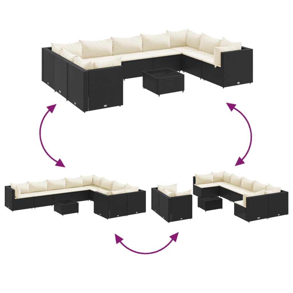 10-tlg. Garten-Lounge-Set mit Kissen Schwarz Poly Rattan
