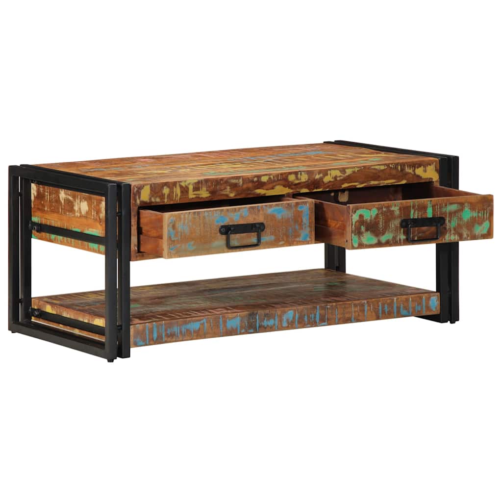 Table basse multicolore 90x50x38 cm en bois massif de récupération