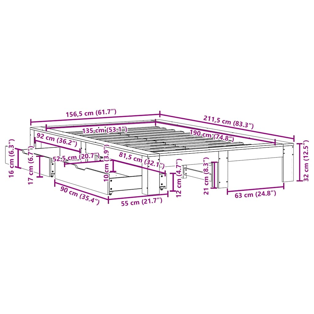 Massivholzbett ohne Matratze Weiß 135x190 cm Kiefernholz