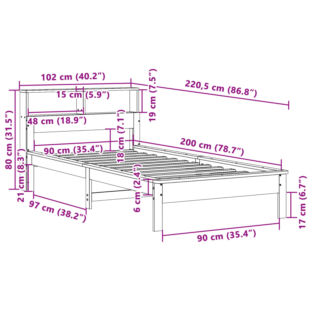 Lit en bois massif avec étagère sans matelas pin blanc 90x200 cm