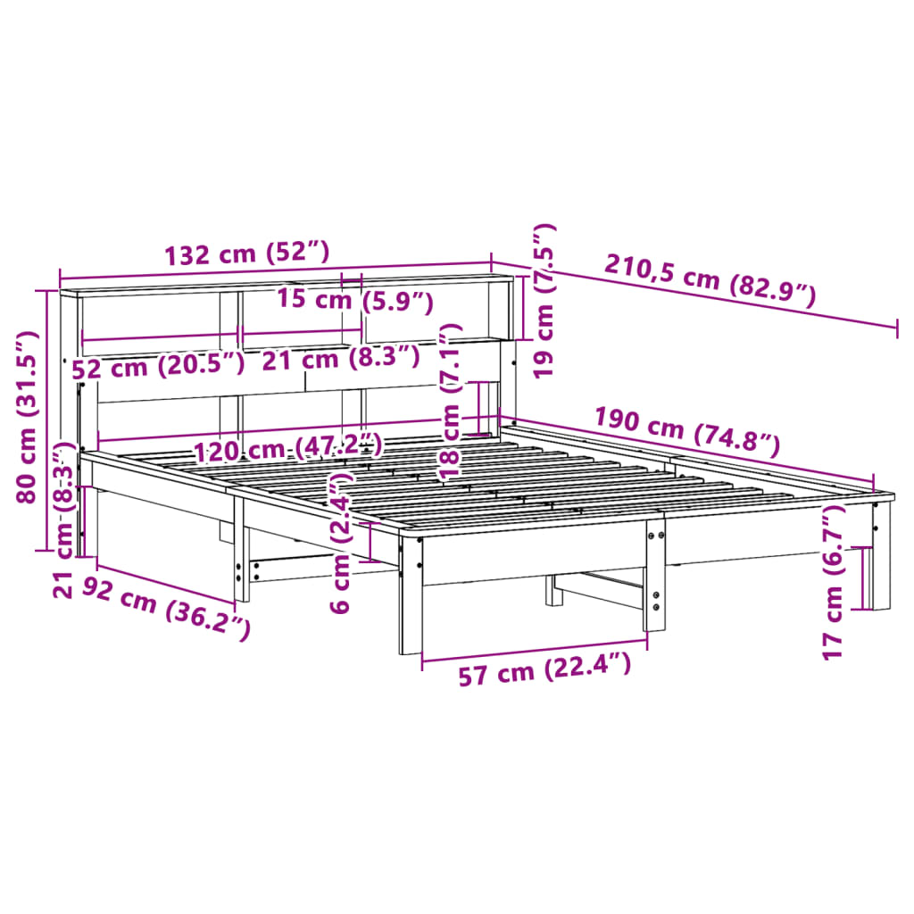 Lit en bois massif avec étagère sans matelas ciré marron 120x190 cm