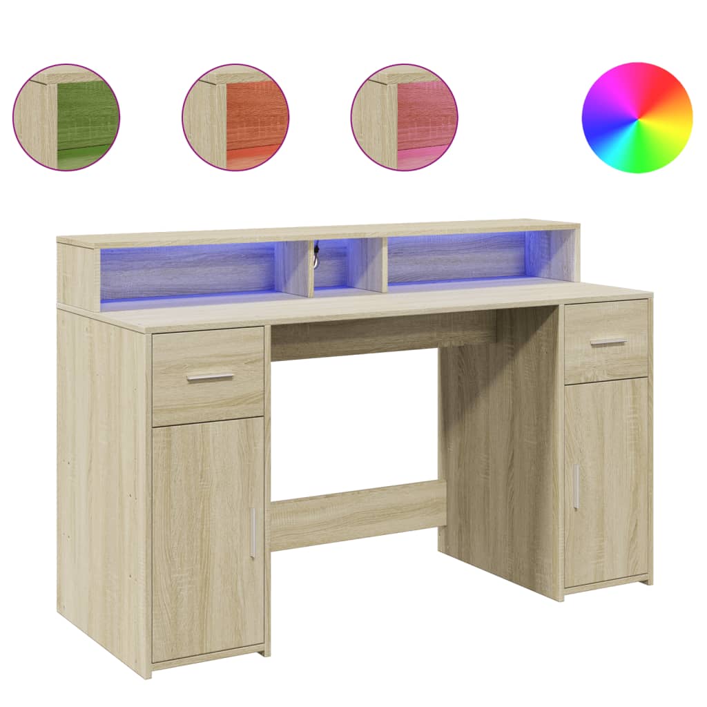 LED desk Sonoma oak 140x55x91 cm wood-based material