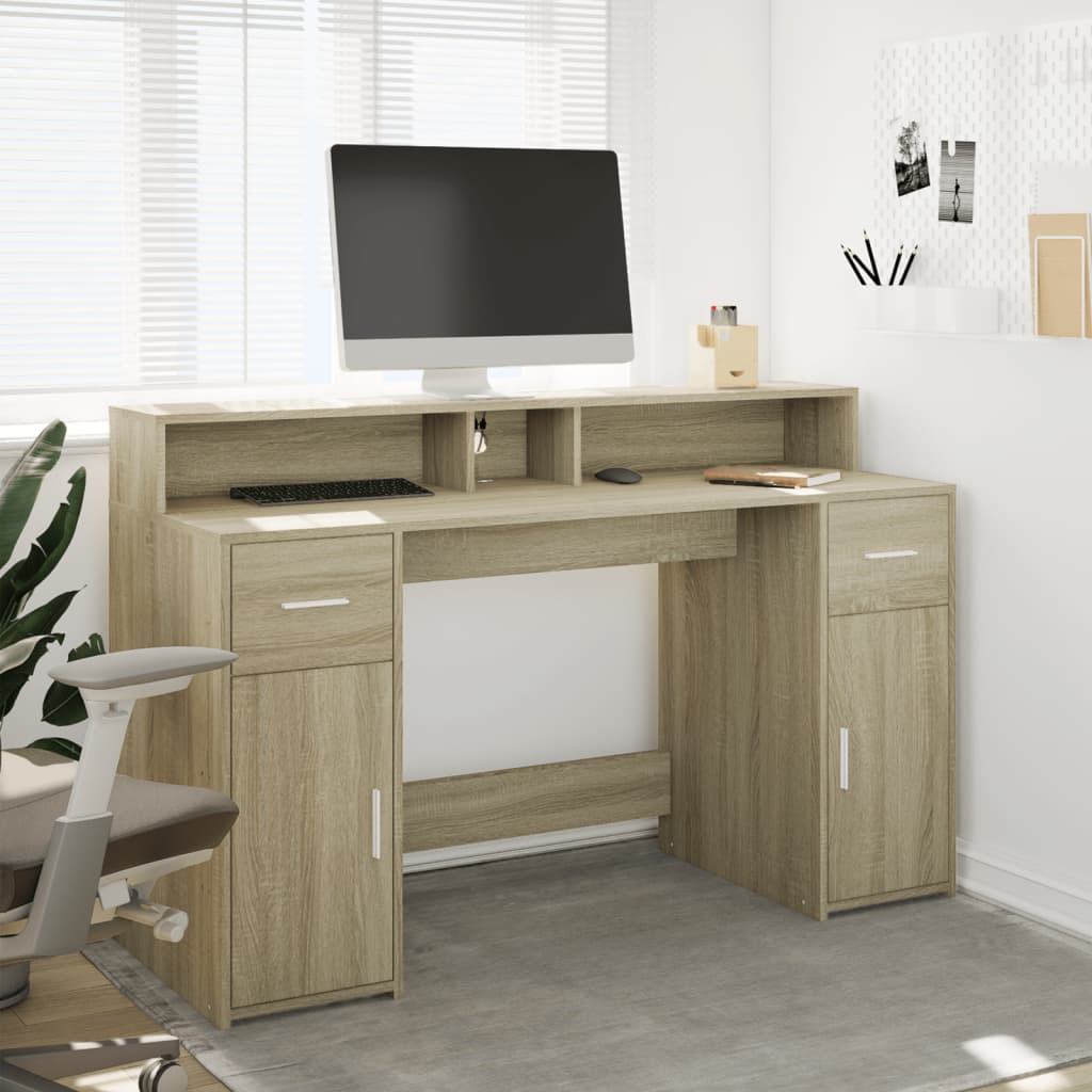 LED desk Sonoma oak 140x55x91 cm wood-based material