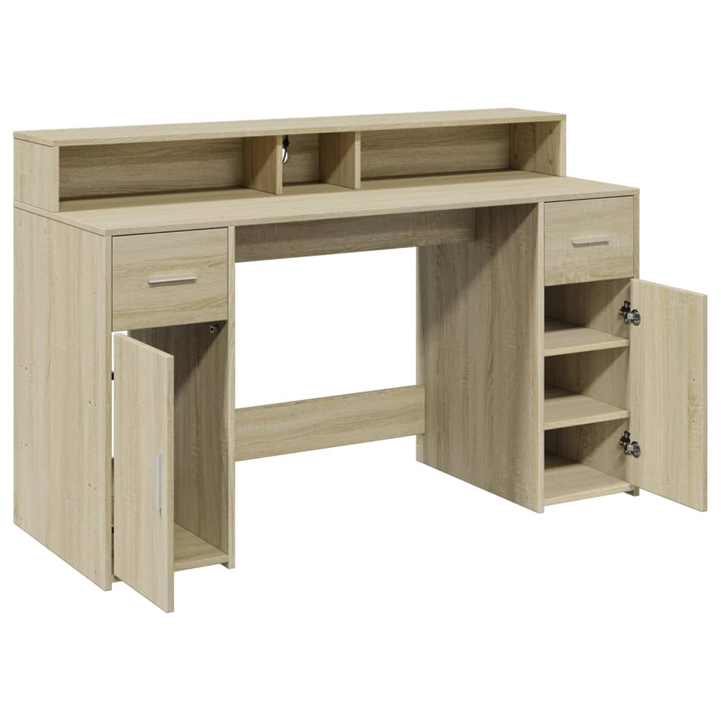 LED desk Sonoma oak 140x55x91 cm wood-based material