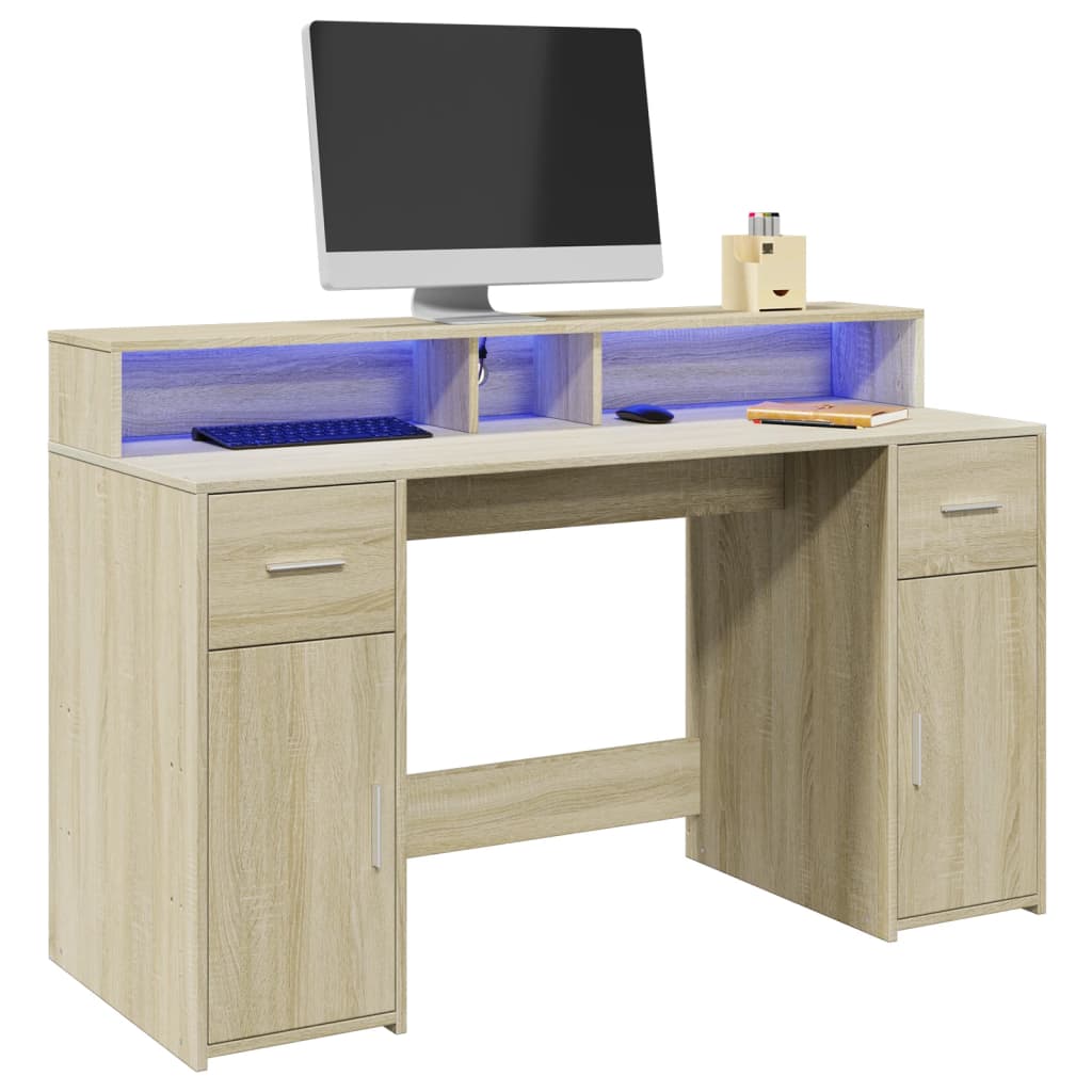 LED desk Sonoma oak 140x55x91 cm wood-based material