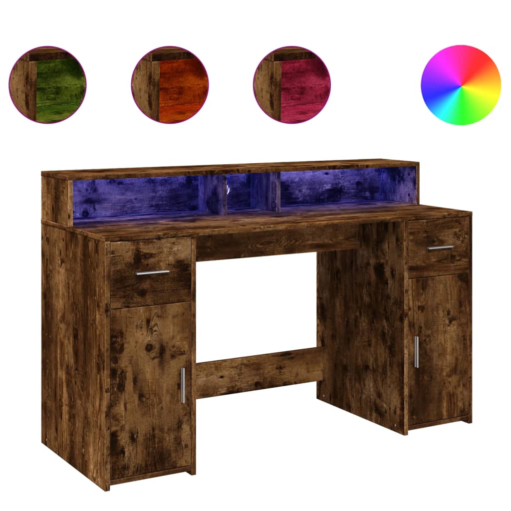 LED desk smoked oak 140x55x91 cm wood material