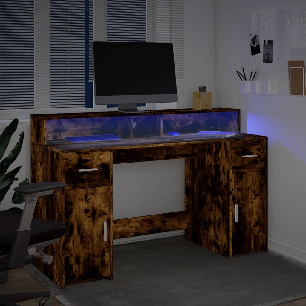 LED desk smoked oak 140x55x91 cm wood material