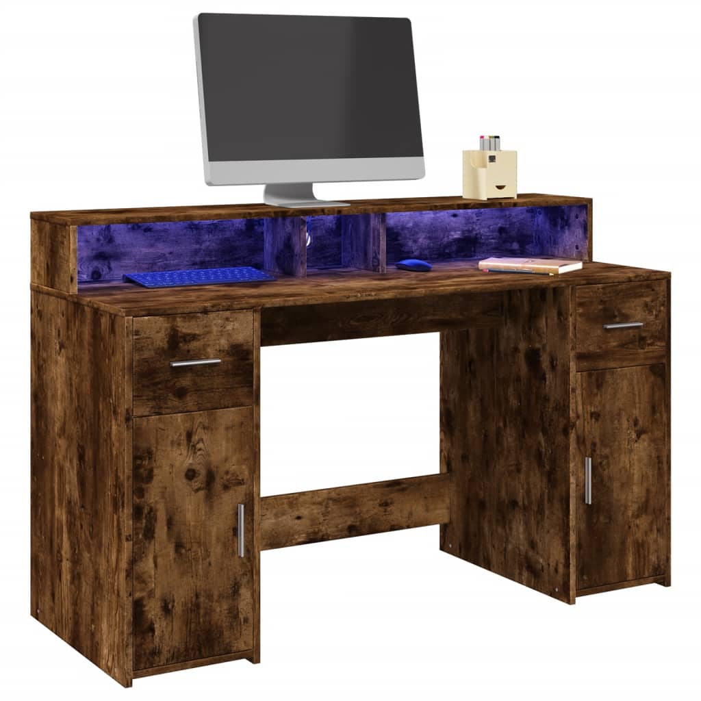 LED desk smoked oak 140x55x91 cm wood material