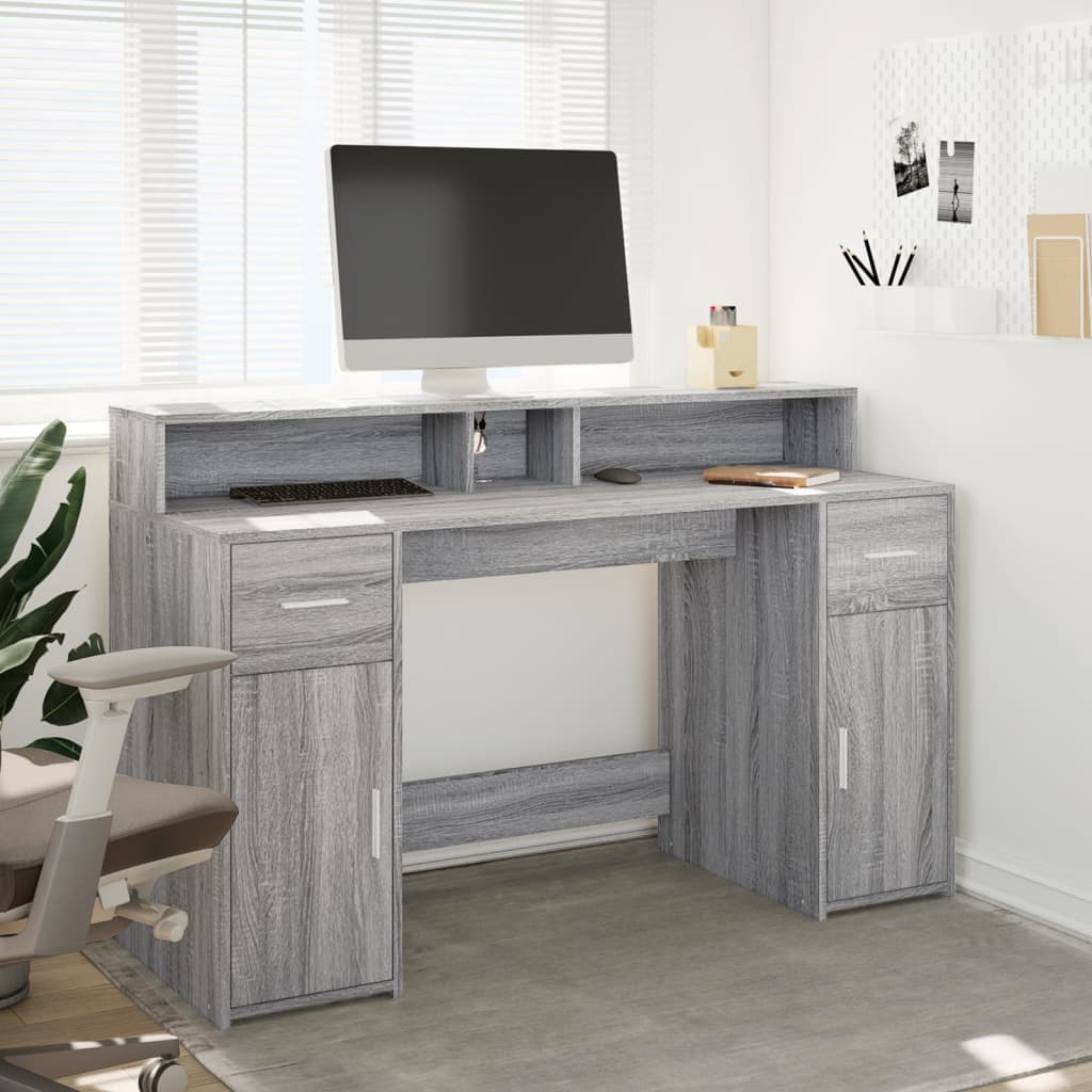LED desk gray Sonoma 140x55x91 cm wood-based material