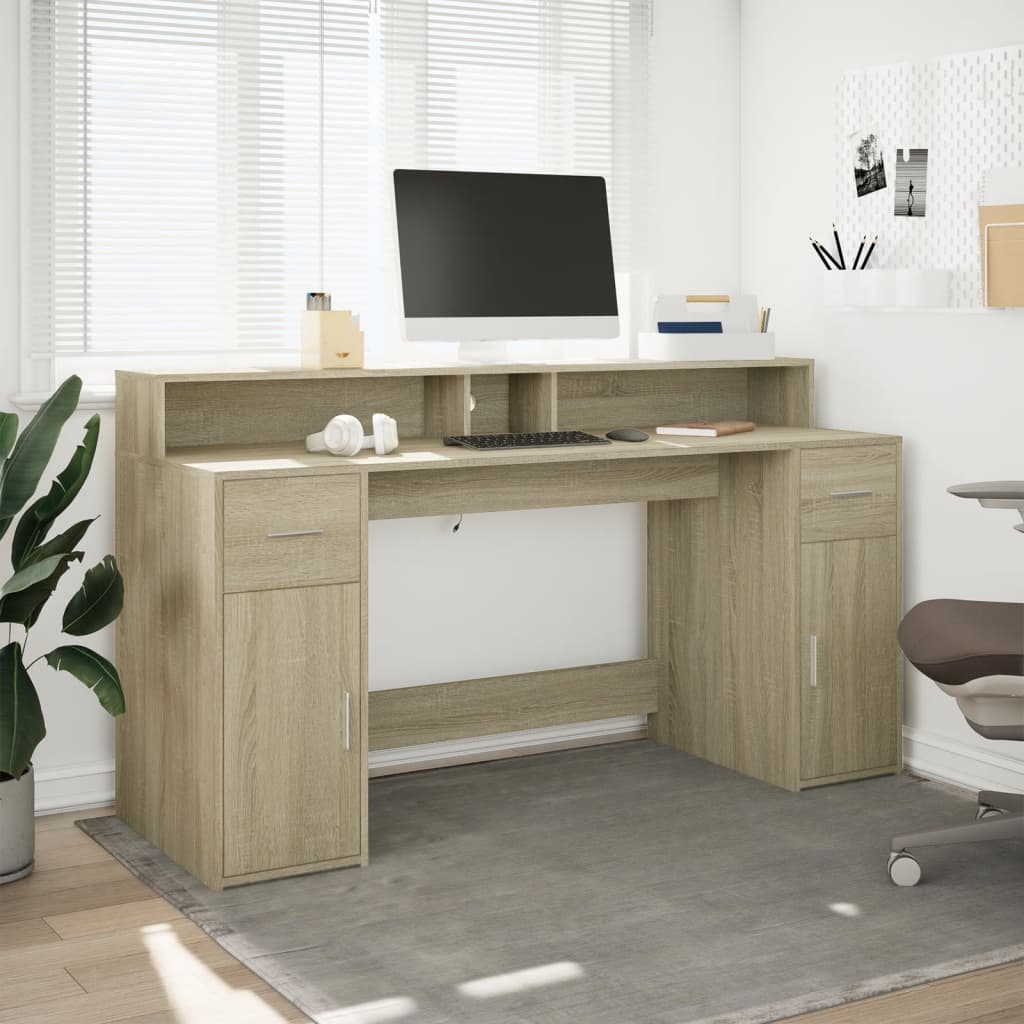 LED desk Sonoma oak 160x55x91 cm wood-based material
