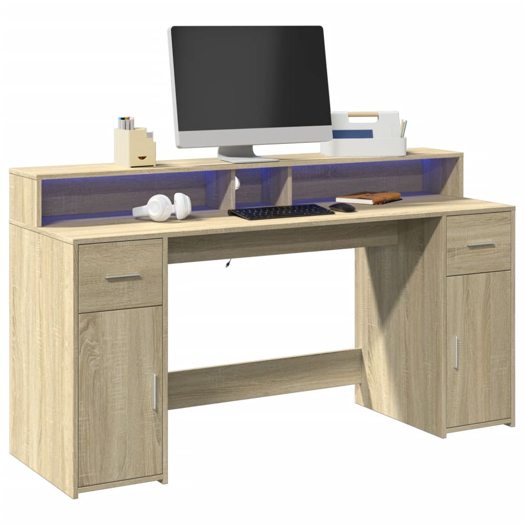 LED desk Sonoma oak 160x55x91 cm wood-based material
