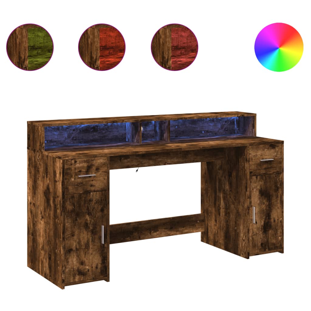 LED desk smoked oak 160x55x91 cm wood material