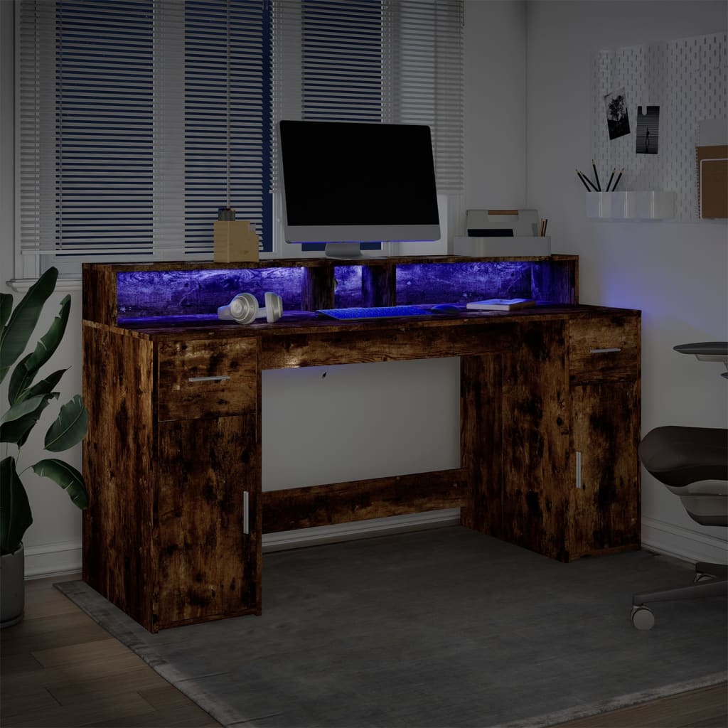 LED desk smoked oak 160x55x91 cm wood material