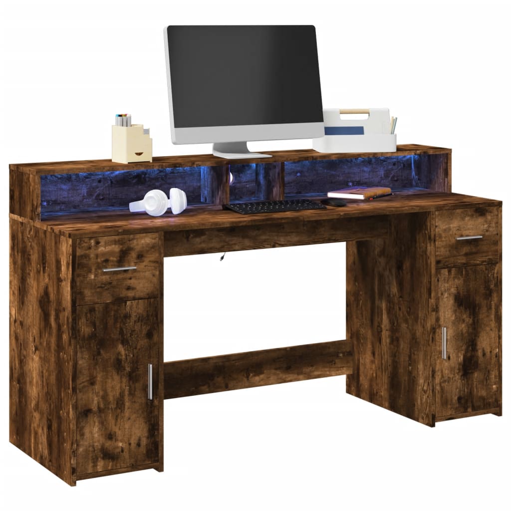 LED desk smoked oak 160x55x91 cm wood material