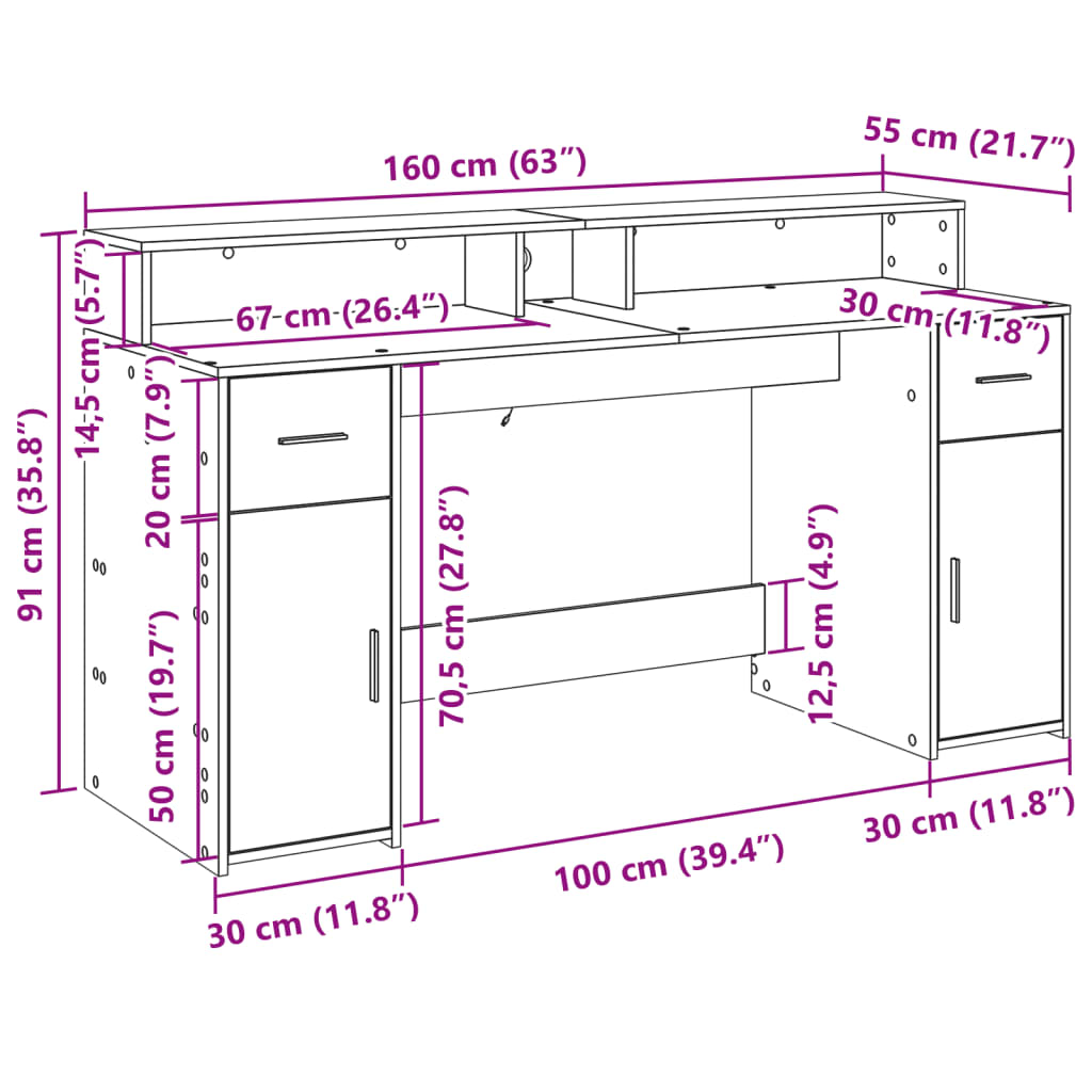 LED-Schreibtisch Altholz-Optik 160x55x91 cm Holzwerkstoff