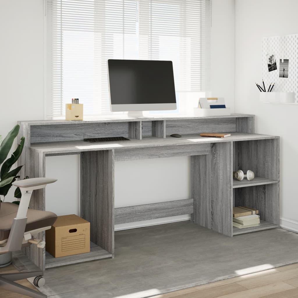 LED desk gray Sonoma 200x55x91 cm wood-based material