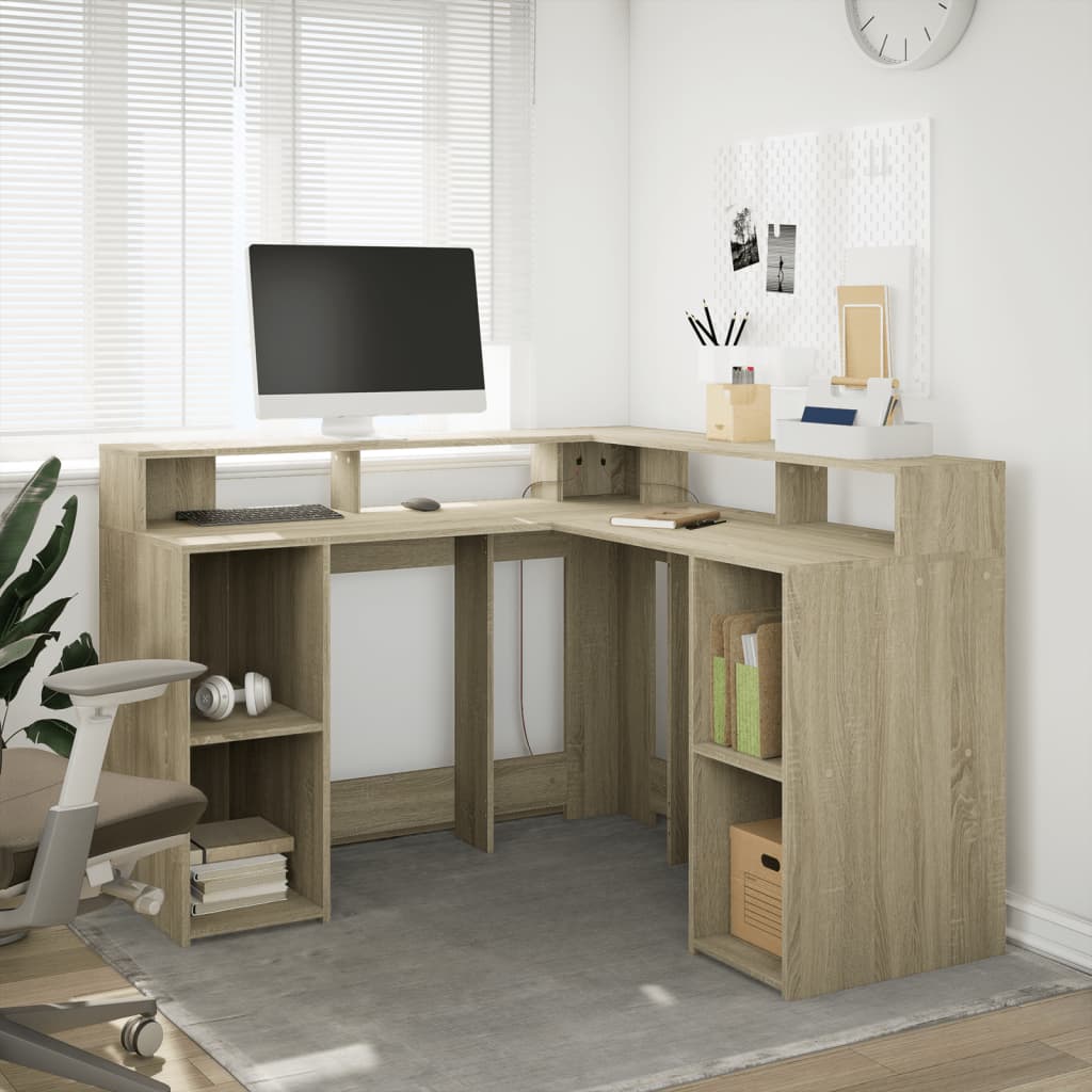 LED desk Sonoma oak 130x130x91 cm wood material