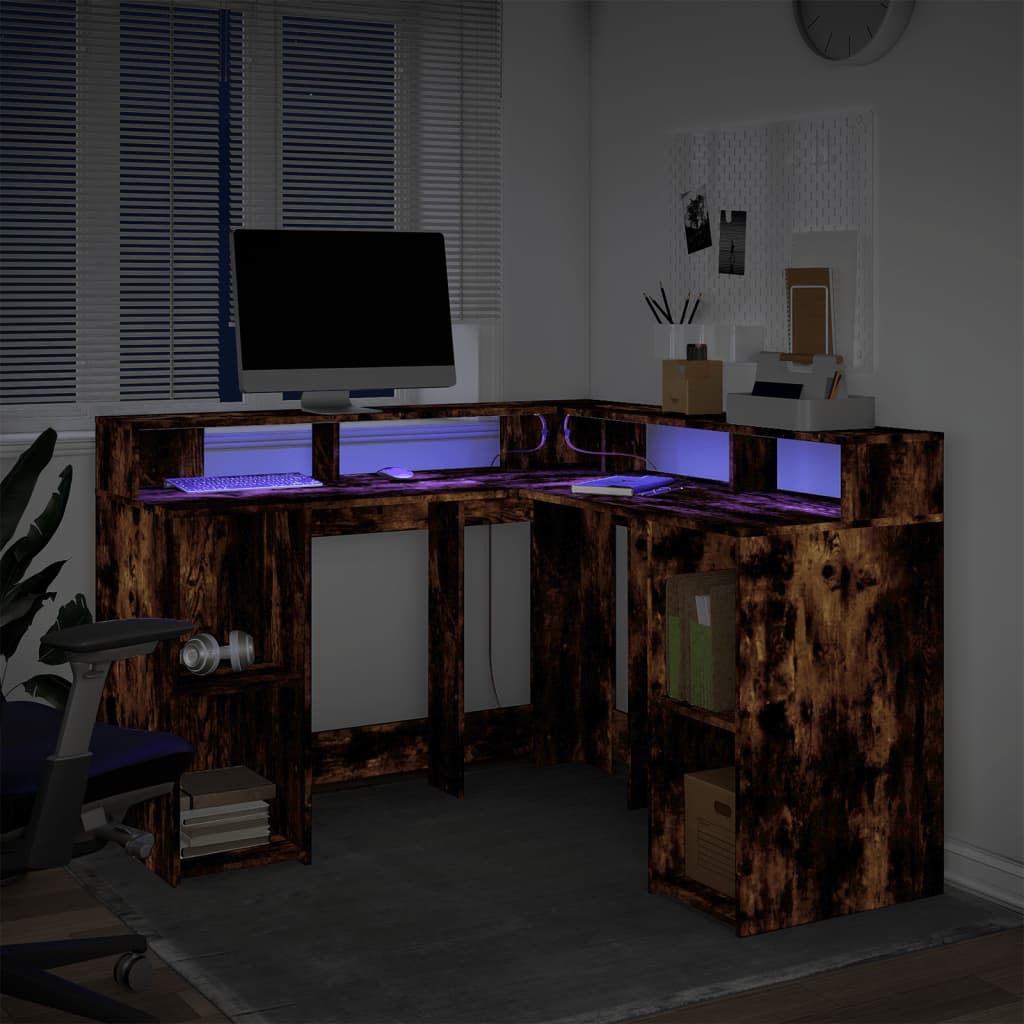LED desk smoked oak 130x130x91 cm wood material