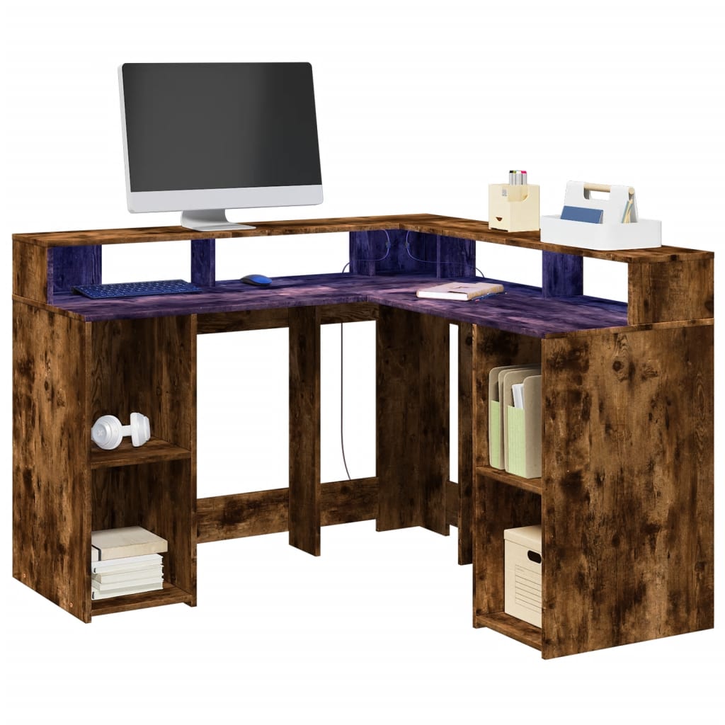 LED desk smoked oak 130x130x91 cm wood material