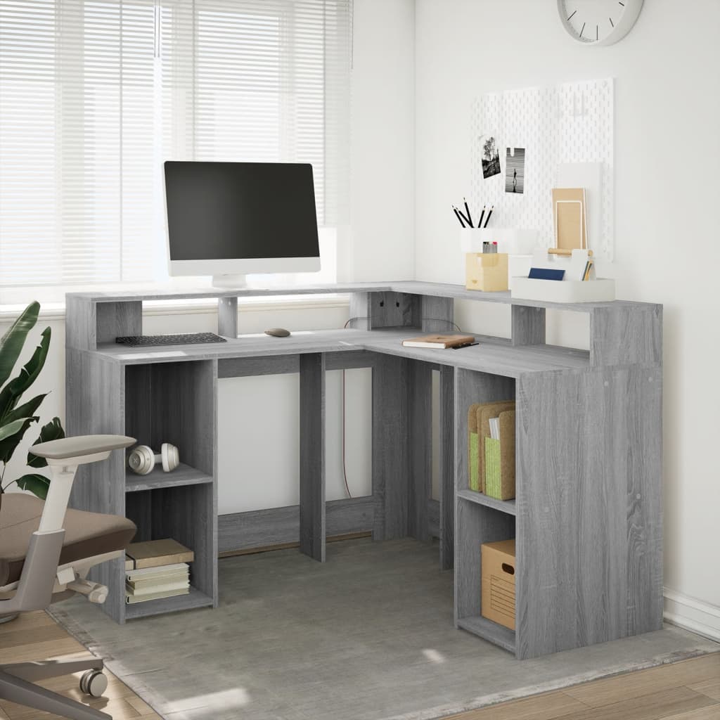 LED desk gray Sonoma 130x130x91 cm wood-based material