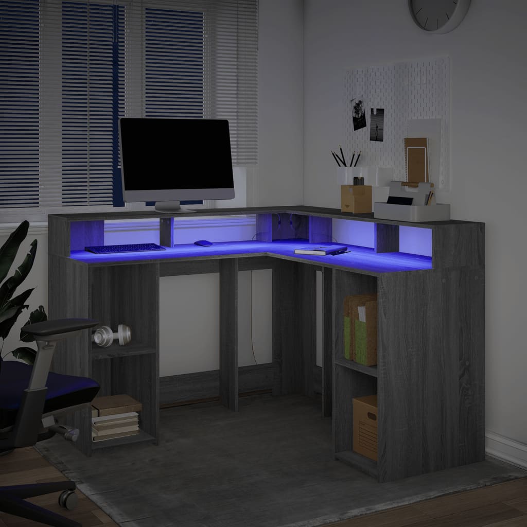 LED desk gray Sonoma 130x130x91 cm wood-based material