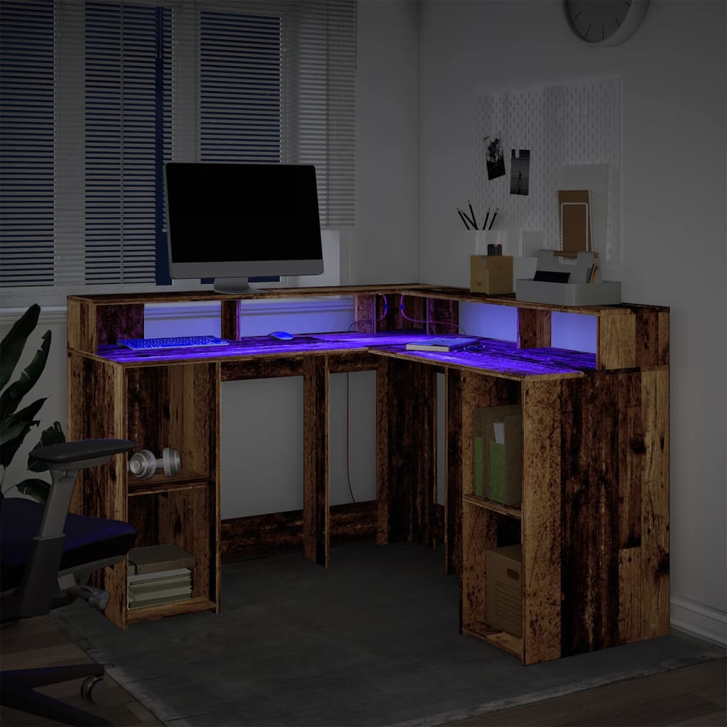 LED desk reclaimed wood look 130x130x91 cm wood-based material