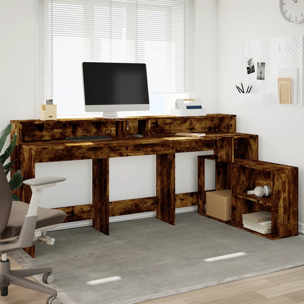 LED desk smoked oak 200x104x91 cm wood-based material