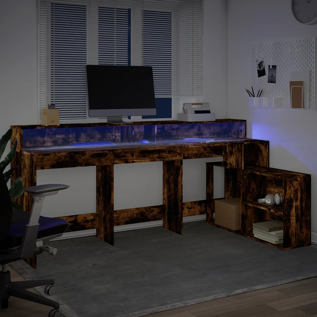 LED desk smoked oak 200x104x91 cm wood-based material