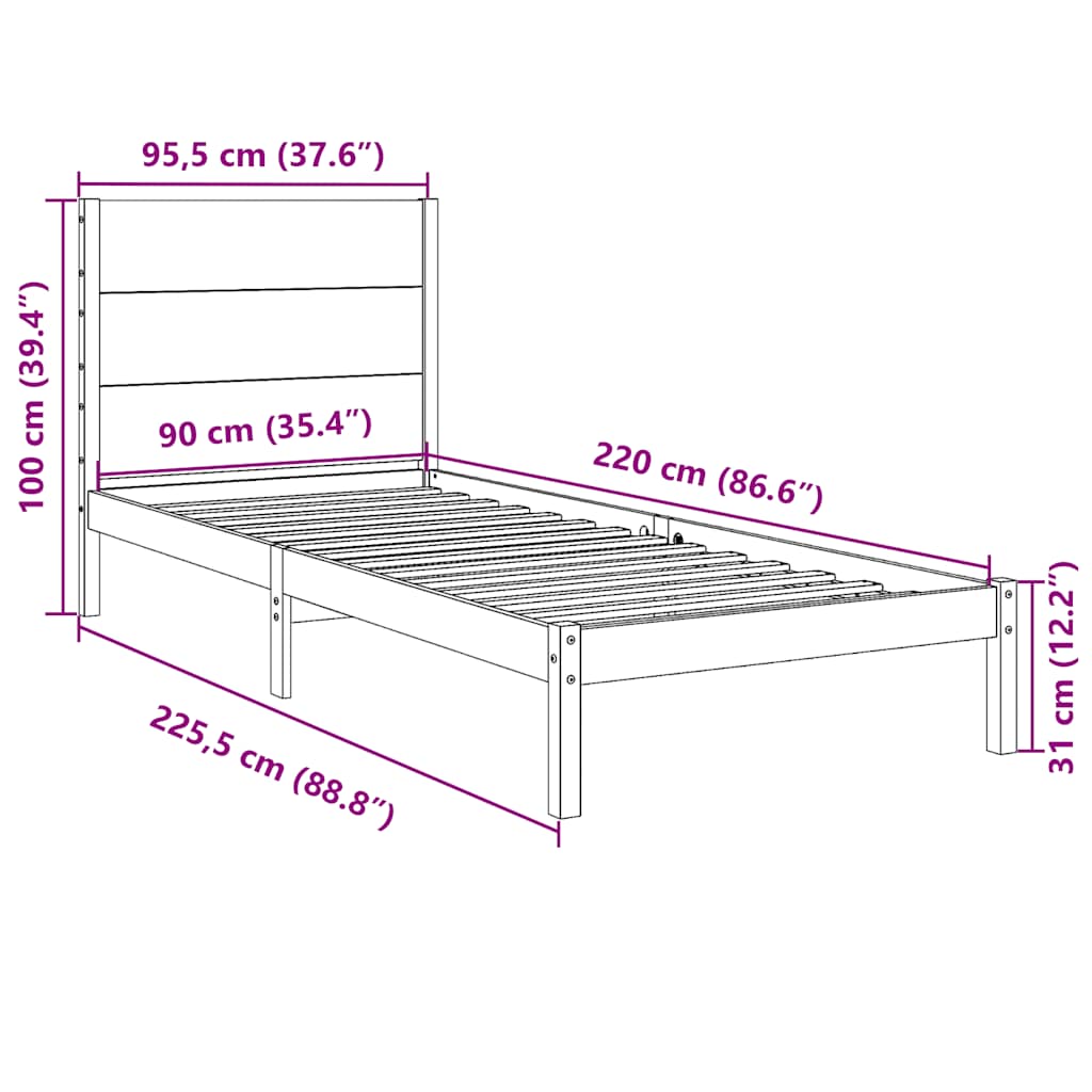 Massivholzbett Extra Lang ohne Matratze 90x220 cm