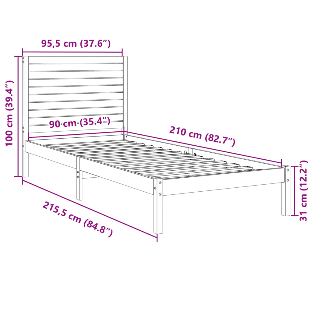 Massivholzbett Extra Lang ohne Matratze 90x210 cm