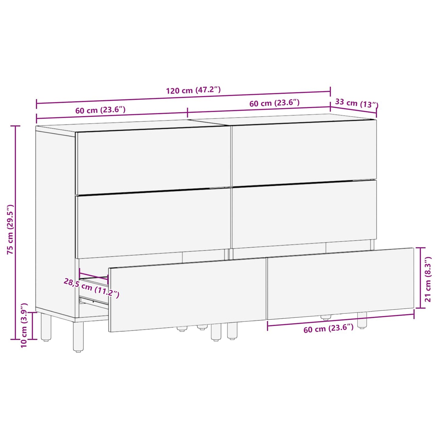 Sideboard 2 stk. 60 x 33 x 75 cm Massivholz Mango