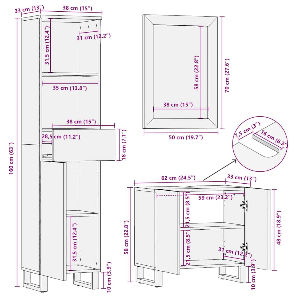 Badezimmermöbel-Set 3 stk. Braun 38 x 33 x 160 cm Holzwerkstoff