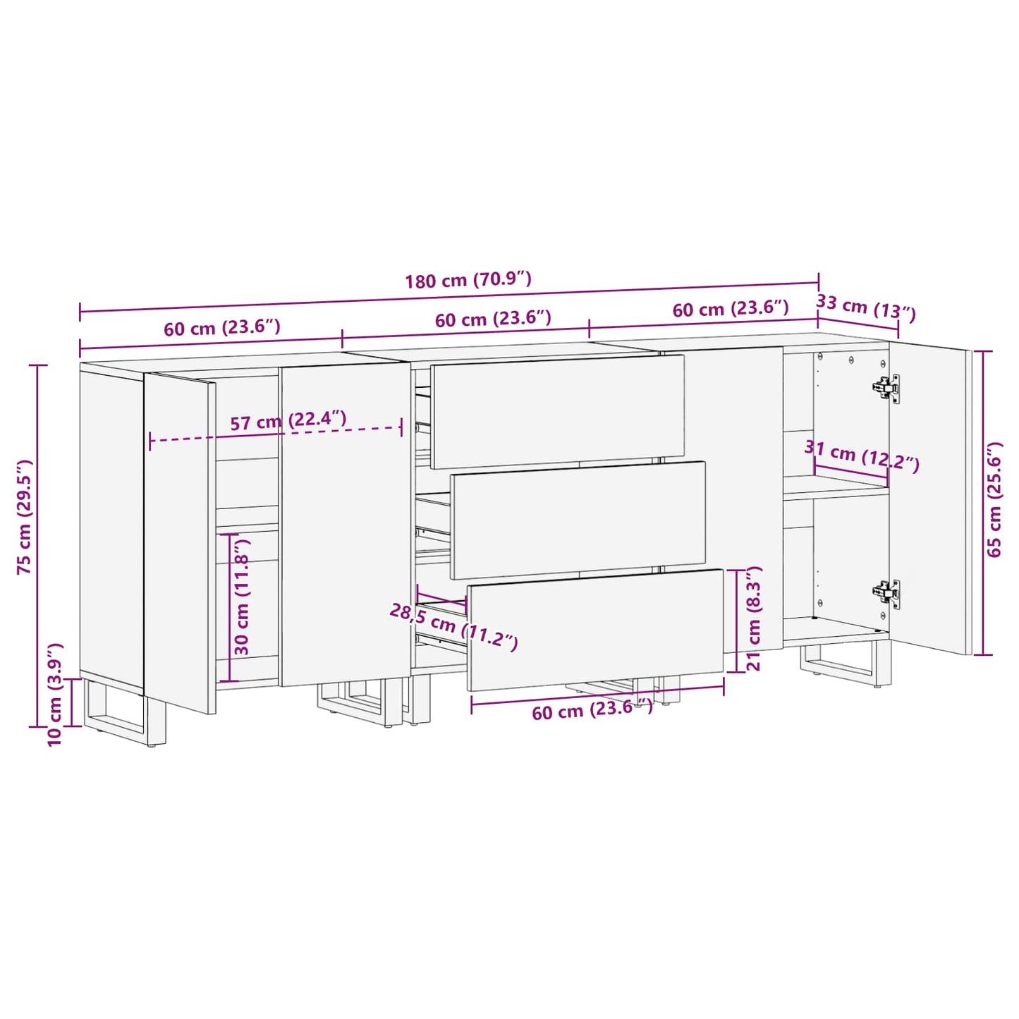Sideboard 3 stk. 60 x 33 x 75 cm Massivholz Mango Braun