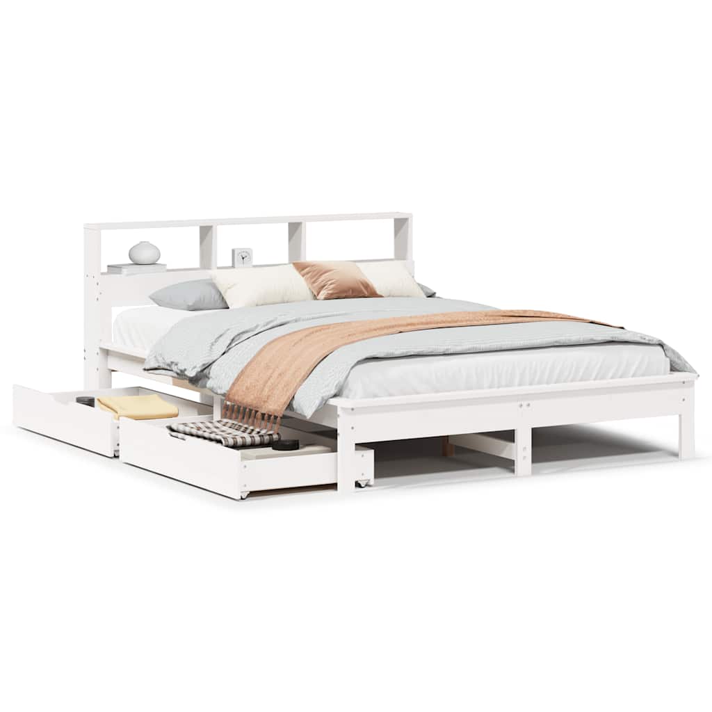 Lit en bois massif avec étagère sans matelas blanc 150x200 cm pin