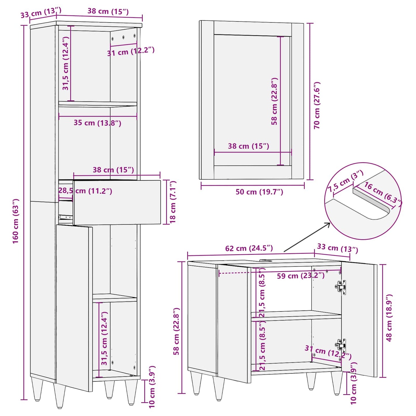 Badezimmerschrank-Set 3 stk. 62 x 33 x 58 cm Massivholz Mango