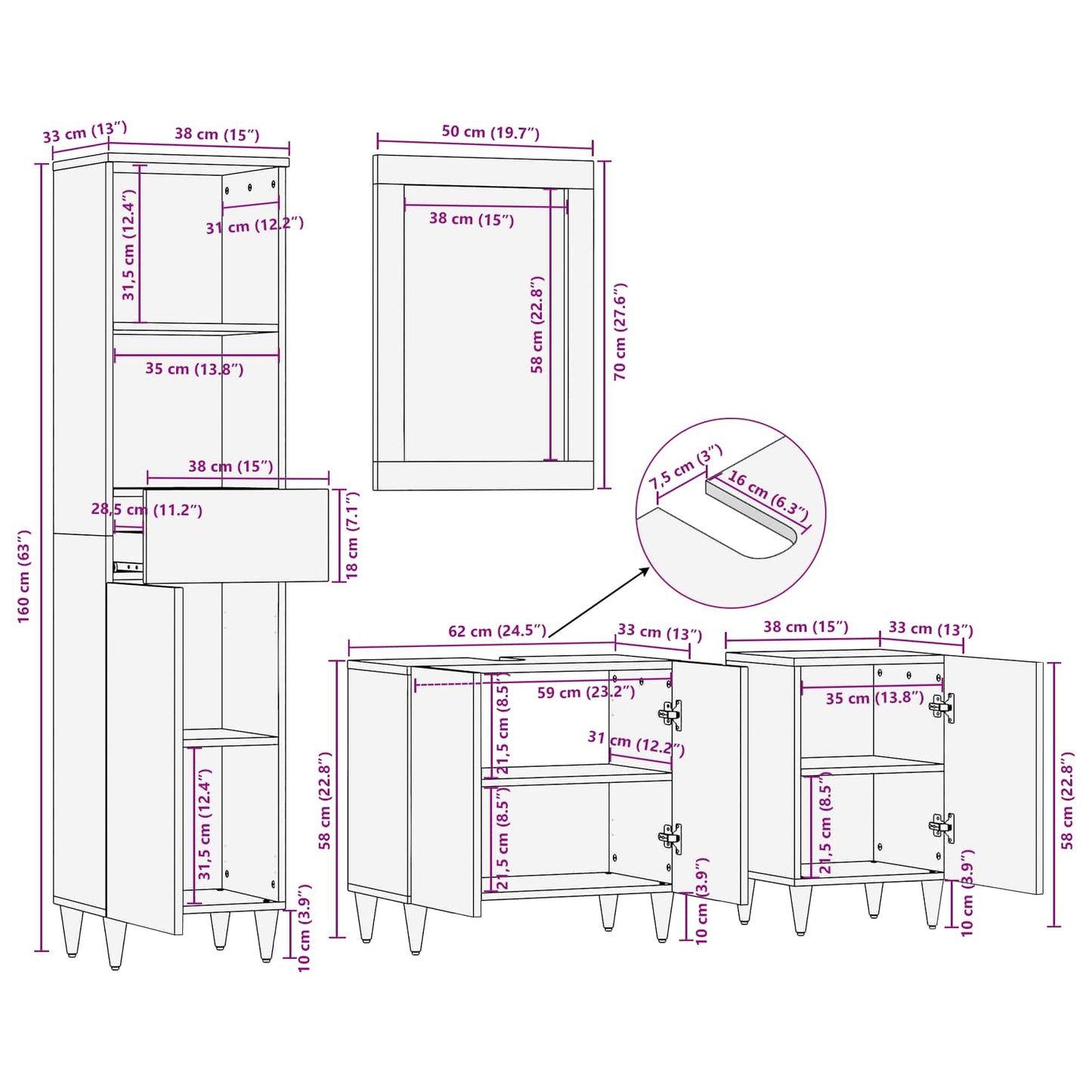 Badezimmerschrank-Set 4 stk. 62 x 33 x 58 cm Massivholz Mango