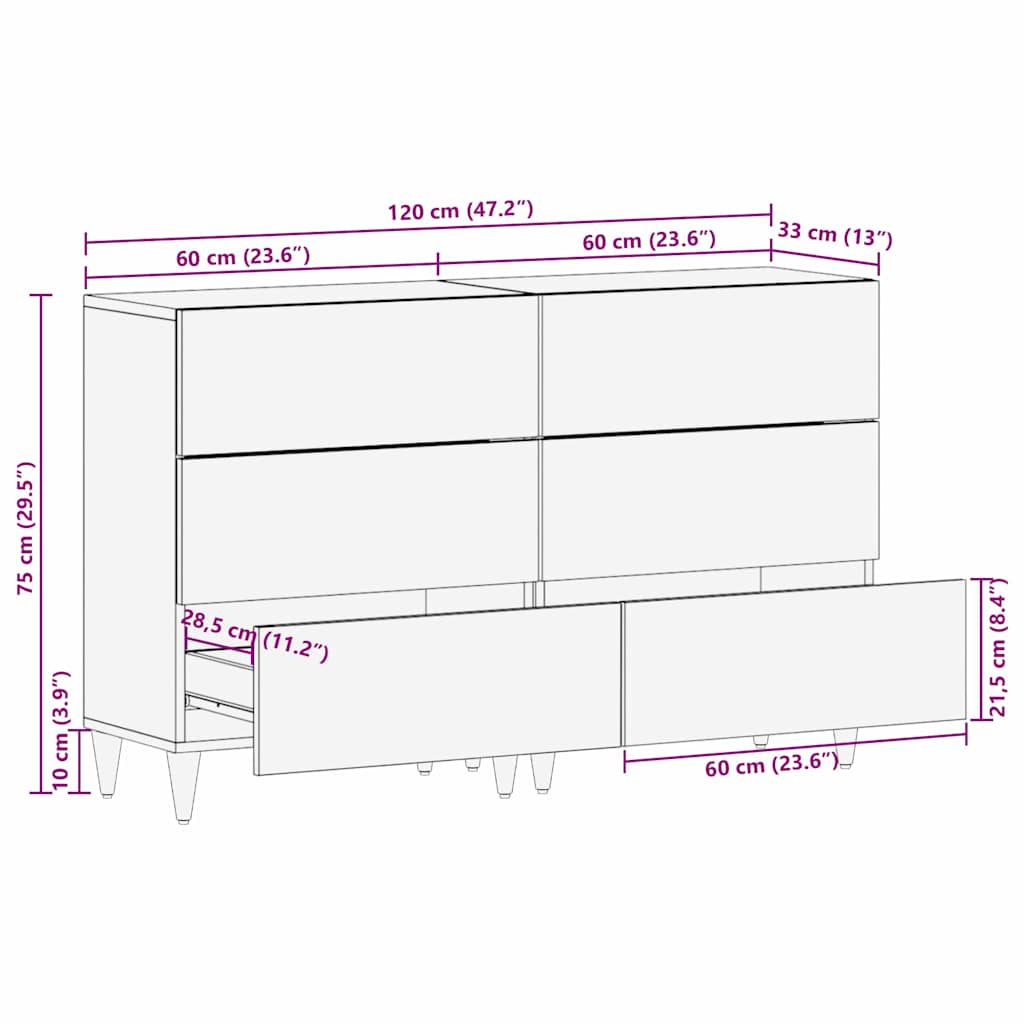 Sideboard 2 stk. 60 x 33 x 75 cm Massivholz Mango Grau