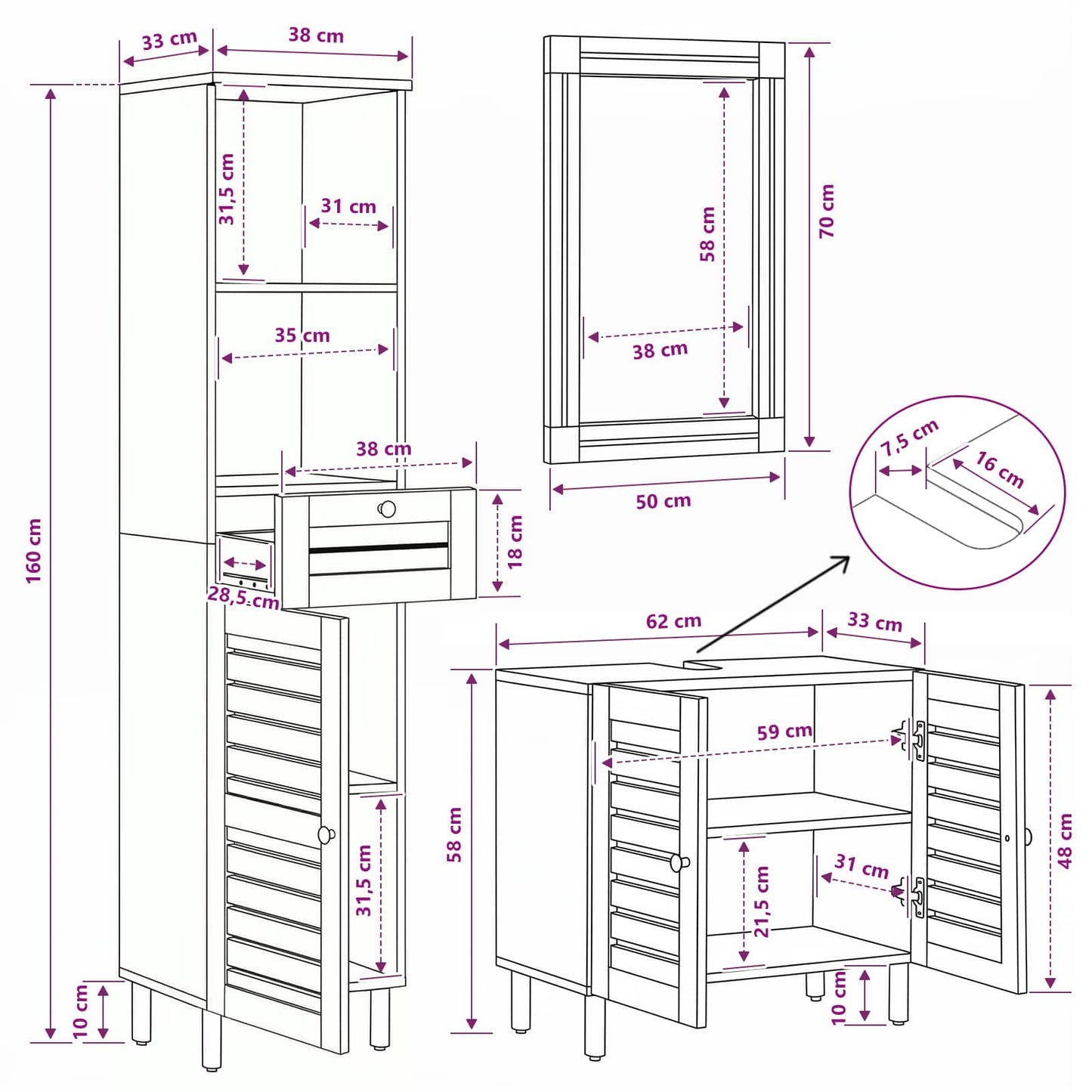 Badezimmerschrank-Set 3 Stk. Natur 38 x 33 x 160 cm