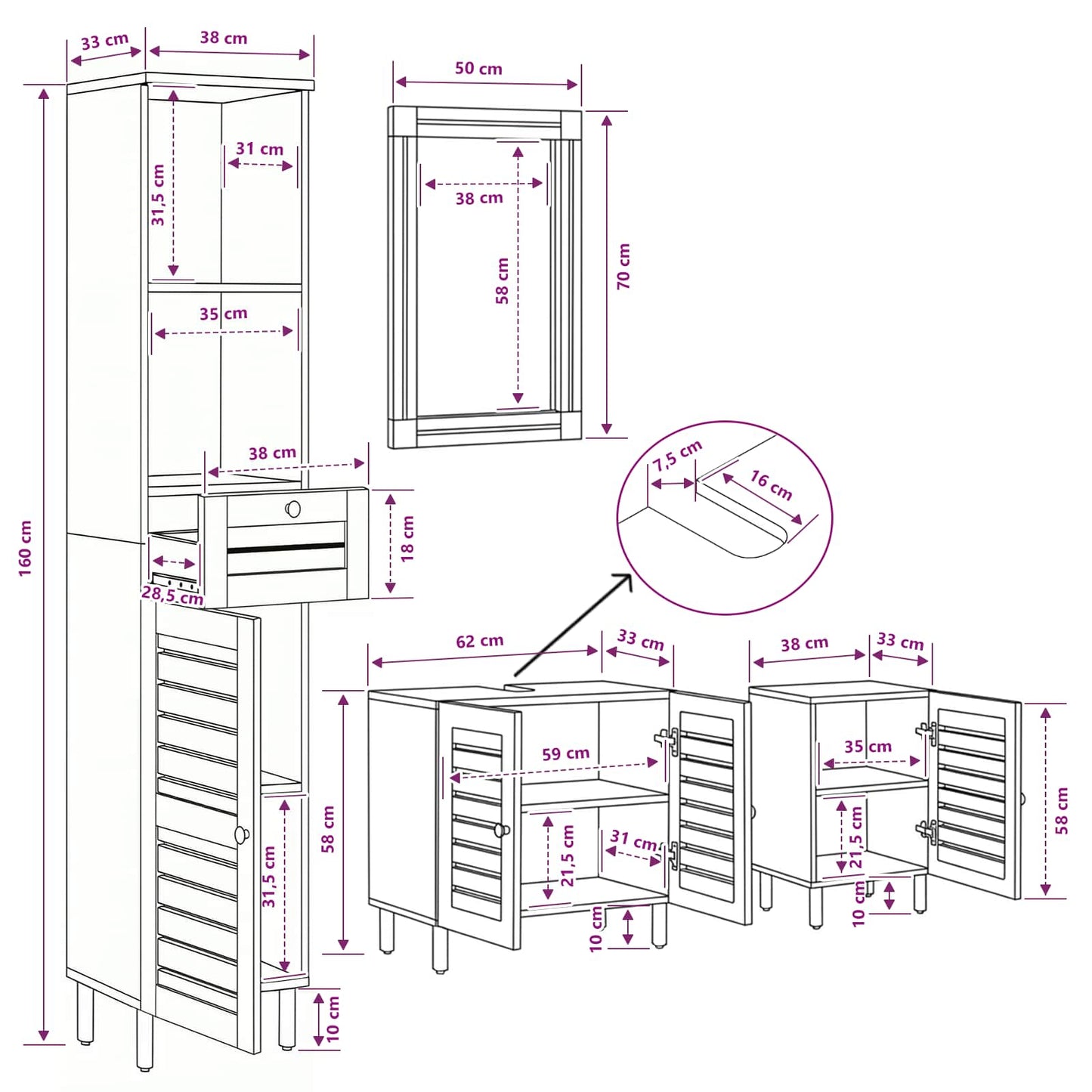 Badezimmerschrank-Set 4 Stk. Natur 38 x 33 x 160 cm