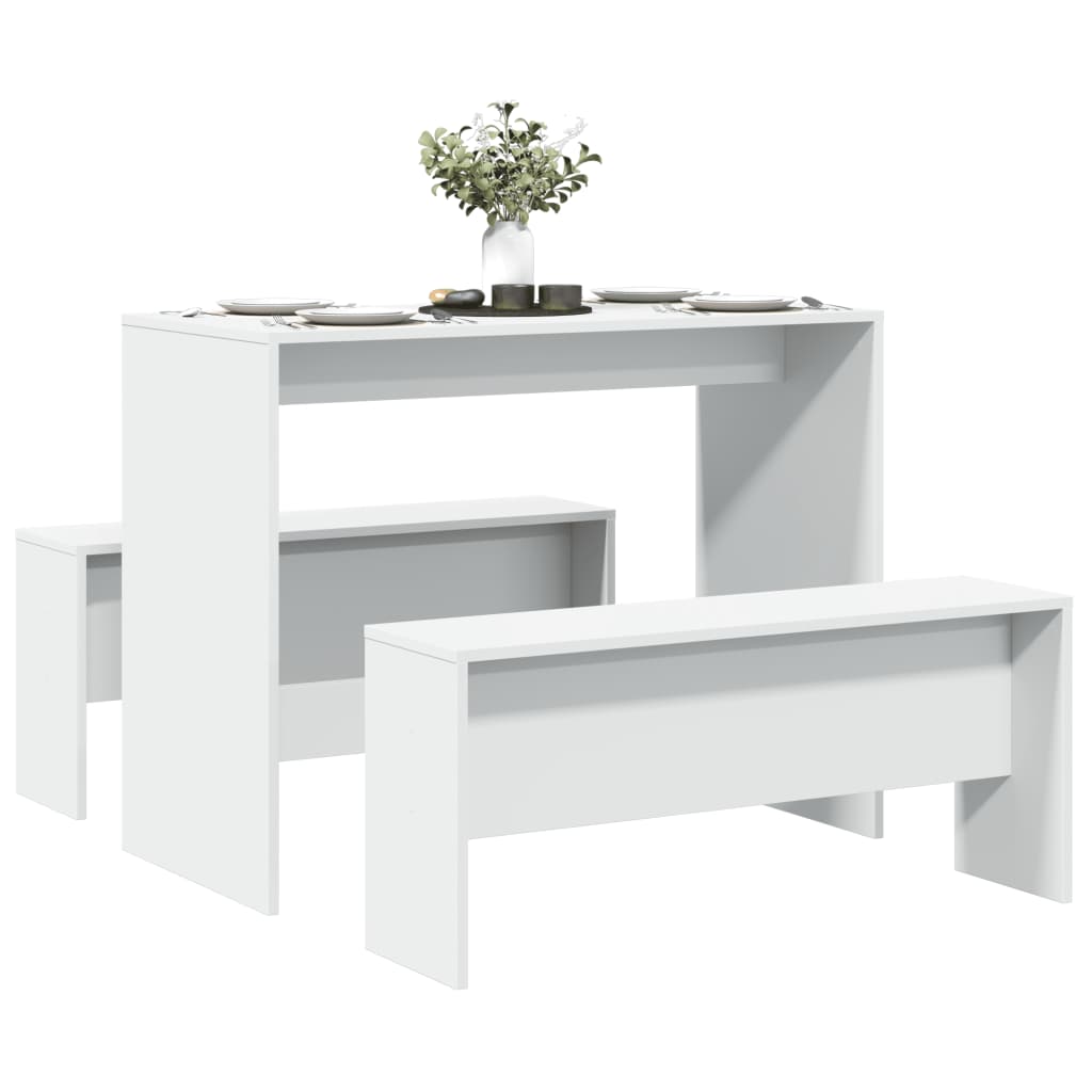 3-piece dining table and bench set white wood material