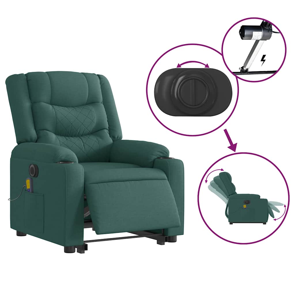 Fauteuil de massage électrique avec aide à la verticalisation en tissu vert foncé