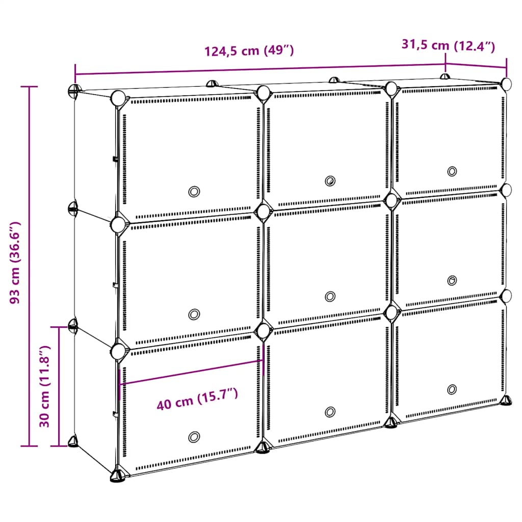 Système d'étagères avec 9 cubes et portes en PP noir